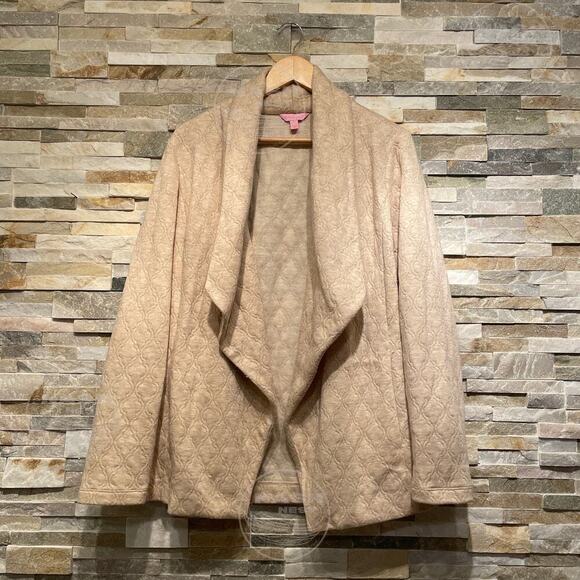 Lilly Pulitzer Brea Wrap Cardigan L | Gold Lurex Jacquard Shawl Collar, Open - Picture 1 of 5